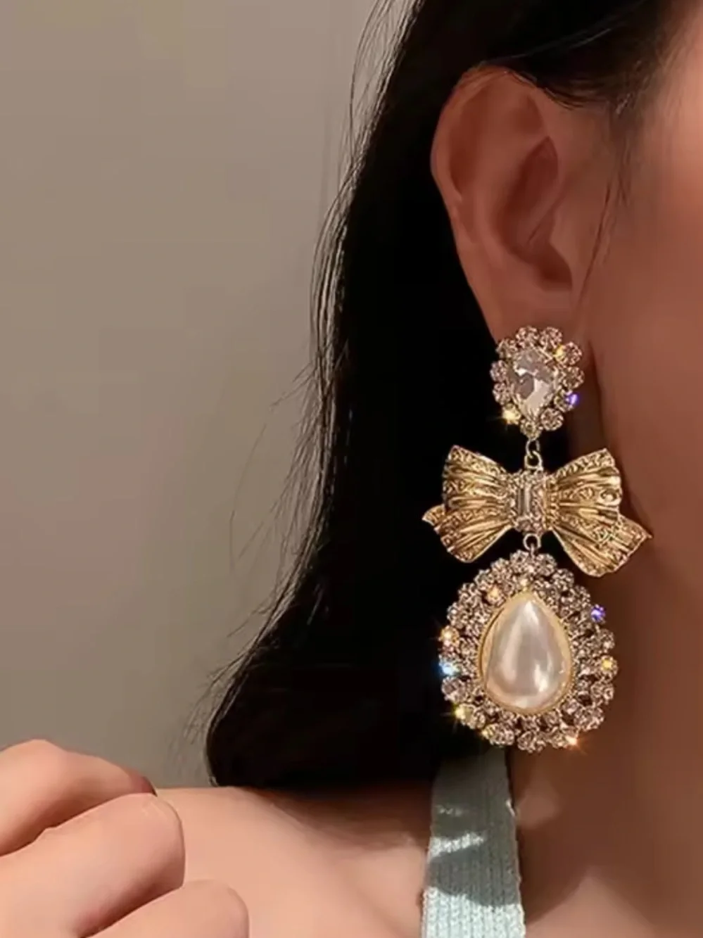 Gold Bow Pearl Drop Earrings with Clear Crystals